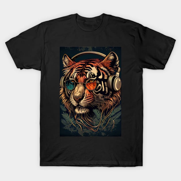 Tiger wearing headphones and sunglasses T-Shirt by dholzric